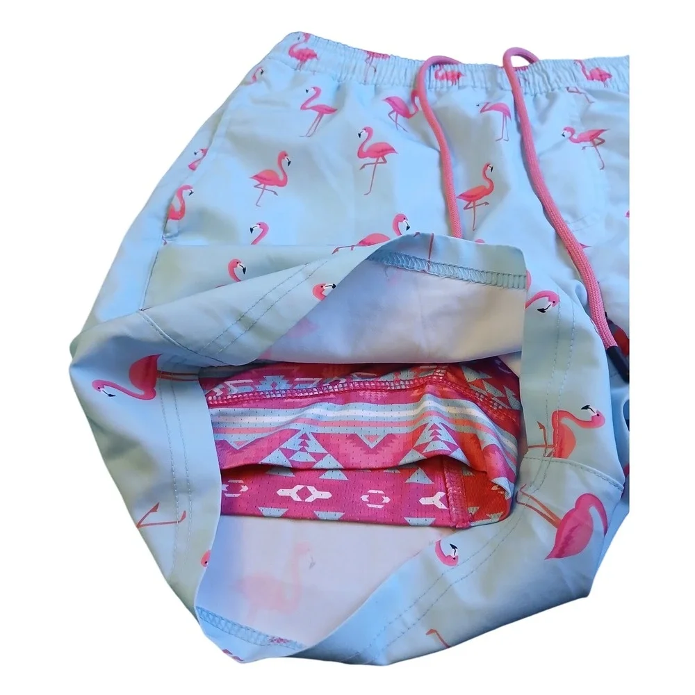 LRD Performance Mens Flamingo Print Swim Trunks Blue Pink Compression Liner Sz M